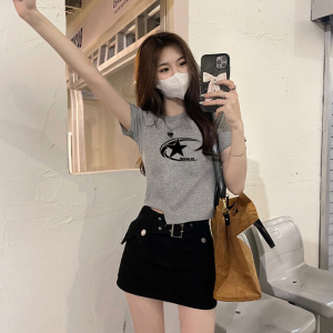 RM8566#纯棉美式辣妹短款T恤女夏季新款字母设计感小众短袖修身上衣