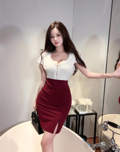 Spliced V-neck tight zipper wrap buttocks dress for ladies with high waisted bottom