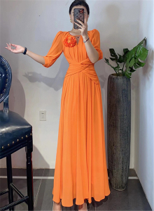 RM10153#高级感法式名媛气质大摆长裙女夏装手工花朵设计感腰间褶皱连衣裙