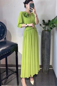 RM10153#高级感法式名媛气质大摆长裙女夏装手工花朵设计感腰间褶皱连衣裙