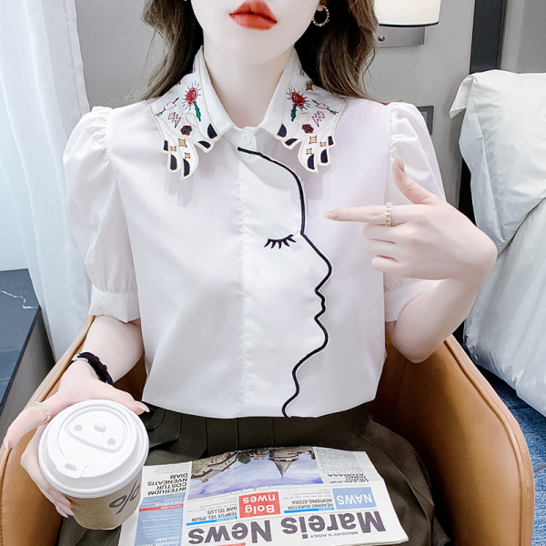 RM8645#短袖衬衫女夏季2023年新款艺术设计感小众独特别致小衫泡泡袖...