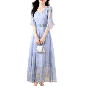 RM10976#蓝色雪纺碎花连衣裙女夏2023年夏装新款女装法式度假显瘦裙子