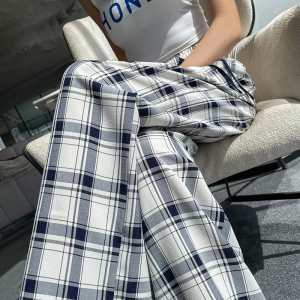 RM9992#格子阔腿裤女夏季新款复古仿麻窄版高腰直筒显瘦休闲裤