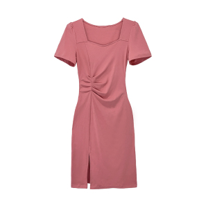 RM9275#夏季新款法式气质方领褶皱设计感中长款连衣裙