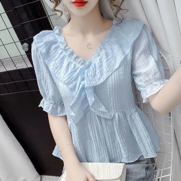 RM8579#夏季新款法式V领荷叶边泡泡短袖衬衫女士百搭时尚气质上衣女T恤