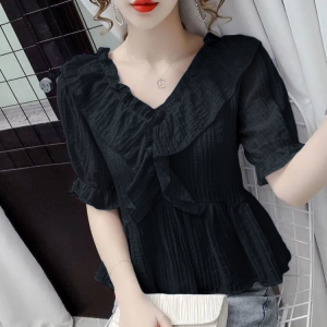 RM8579#夏季新款法式V领荷叶边泡泡短袖衬衫女士百搭时尚气质上衣女T恤