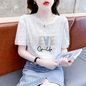 RM8643#夏季新款韩版圆领爱心提花刺绣套头蕾丝上衣显瘦百搭T恤