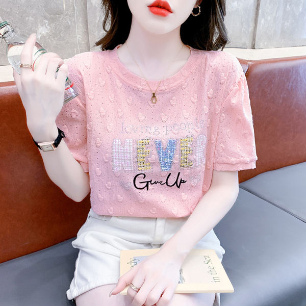 RM8643#夏季新款韩版圆领爱心提花刺绣套头蕾丝上衣显瘦百搭T恤