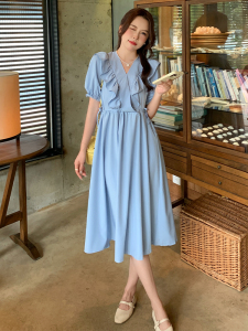 RM15706#蓝色连衣裙女2023年夏季新款法式优雅高级感温柔风长裙夏