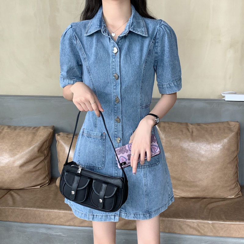Actual shot and real price 2023 new style hollow back elastic waist sexy denim dress design retro shirt dress