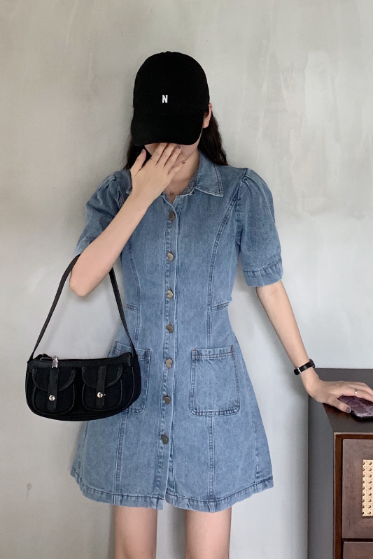 Actual shot and real price 2023 new style hollow back elastic waist sexy denim dress design retro shirt dress