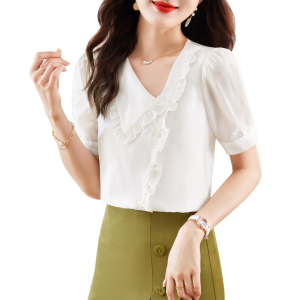 RM8571#斜v领简约设计感小众雪纺衫女2023夏季新款短袖精致气质上衣