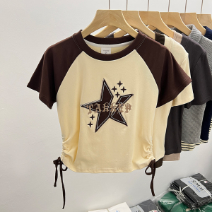 RM8503#抖音质量夏装韩版宽松短款插肩袖刺绣大码短袖T恤女