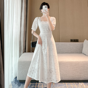RM8504#连衣裙蕾丝淑女超修身X型长裙短袖方领泡泡袖套头
