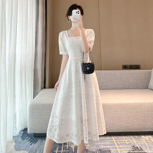 RM8504#连衣裙蕾丝淑女超修身X型长裙短袖方领泡泡袖套头