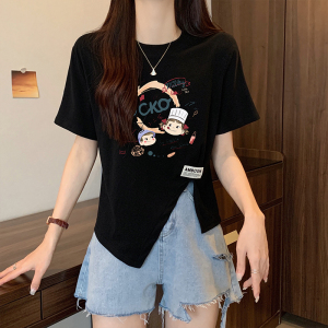 RM8505#大码女装2023夏季新款设计感不规则开叉宽松显瘦短袖T恤上衣
