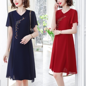 RM13059#夏国风刺绣旗袍大码显瘦雪纺拼接中老年中裙女装