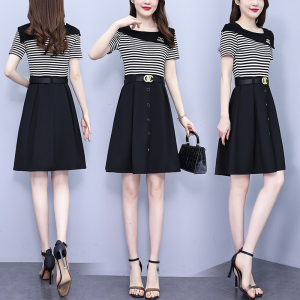 TR24803# 大码女装夏季新款韩版气质时尚条纹拼接假两件连衣裙女