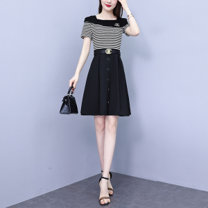 TR24803# 大码女装夏季新款韩版气质时尚条纹拼接假两件连衣裙女