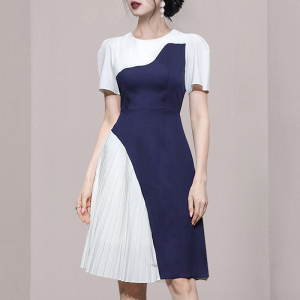 RM10107#夏季新款圆领设计感拼色收腰显瘦百褶气质短袖连衣裙