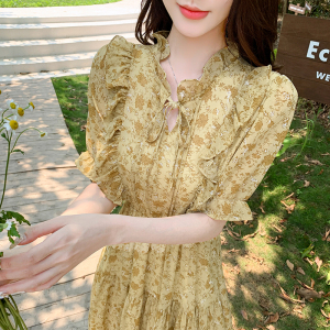 RM18957#夏季甜美荷叶领雪纺连衣裙刘亦菲花色仙女裙淑女显瘦高腰长裙