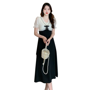 RM11150#赫本风木耳边修身显瘦拼接短袖连衣裙女夏季气质收腰裙子