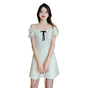RM11151#法式复古短款连衣裙女蝴蝶结V领高腰独特短袖小个子茶歇裙