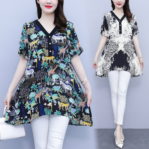 RM14070#大码女装2023夏季新款水墨印花中长款遮肚显瘦休闲简约上衣女