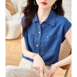 RM9880#复古蓝色牛仔衬衫2023年夏季新款韩版简约气质通勤设计感衬衣