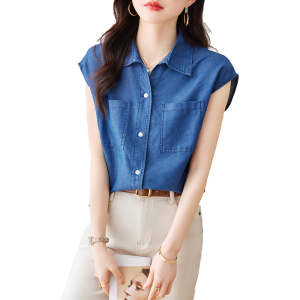 RM9880#复古蓝色牛仔衬衫2023年夏季新款韩版简约气质通勤设计感衬衣