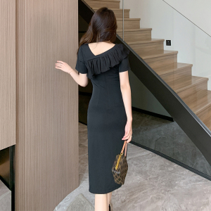 RM9807#设计感收腰显瘦荷叶边连衣裙不规则开叉长裙2023夏季新款黑裙