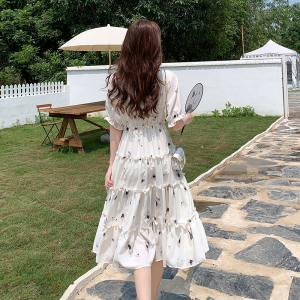RM11236#法式复古水墨印花泡泡袖连衣裙女夏季新款甜美V领收腰公主裙
