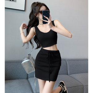 2023 Summer New Korean Style Style Two Piece Chest Cushion Solid Short Tank Top+Hip Wrap Skirt Set