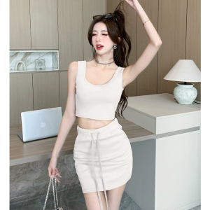 2023 Summer New Korean Style Style Two Piece Chest Cushion Solid Short Tank Top+Hip Wrap Skirt Set