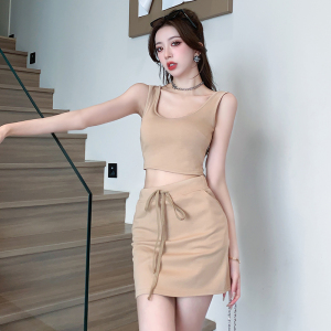 2023 Summer New Korean Style Style Two Piece Chest Cushion Solid Short Tank Top+Hip Wrap Skirt Set