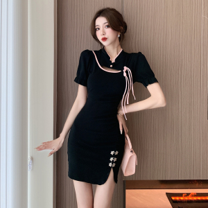 Small crowd design sense New Chinese style Chinese style improved cheongsam color contrast dress， careful machine retrac