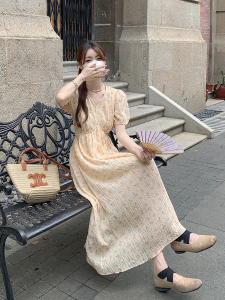 RM19767#法式时尚显瘦碎花连衣裙绑带气质温柔中长裙女