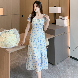 RM21984#夏季碎花甜美印花系带方领开叉茶歇温柔风中长款连衣裙