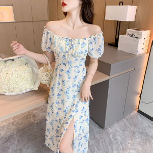 RM21984#夏季碎花甜美印花系带方领开叉茶歇温柔风中长款连衣裙