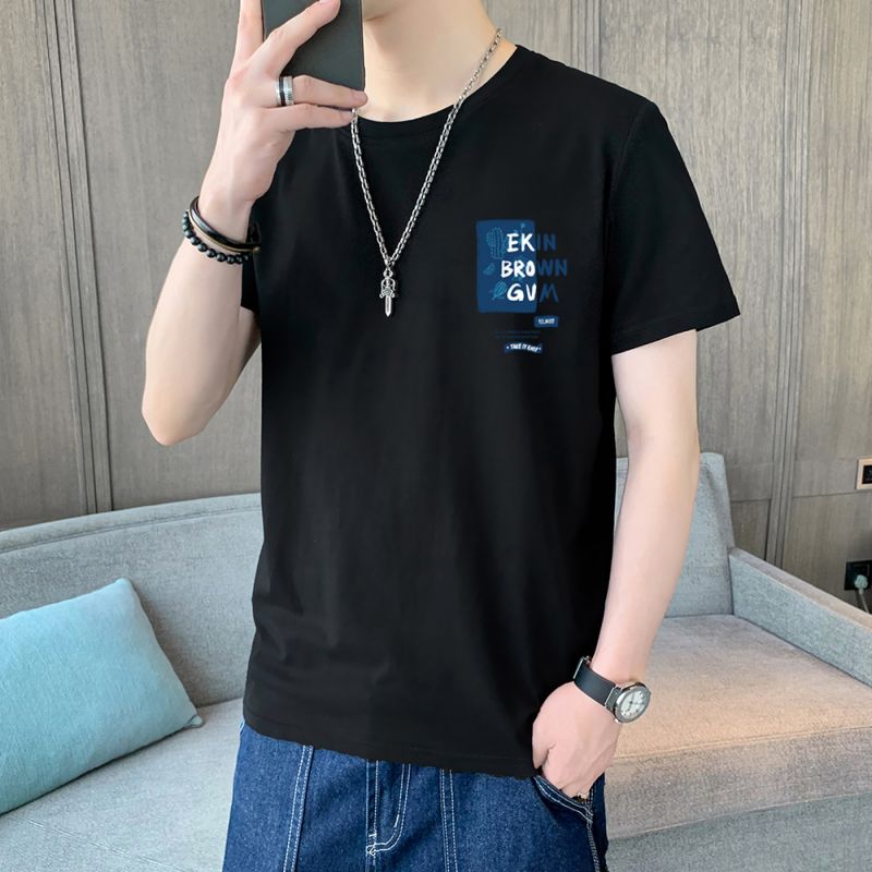 實拍夏季新款純棉短袖t恤男透氣100%棉T恤百搭潮流印花短袖男