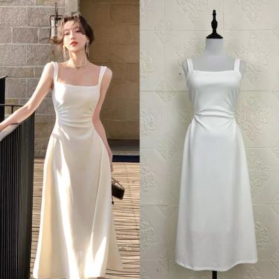 從一時刻 白色吊帶連衣裙2023女新款a字法式收腰小眾設計長裙子