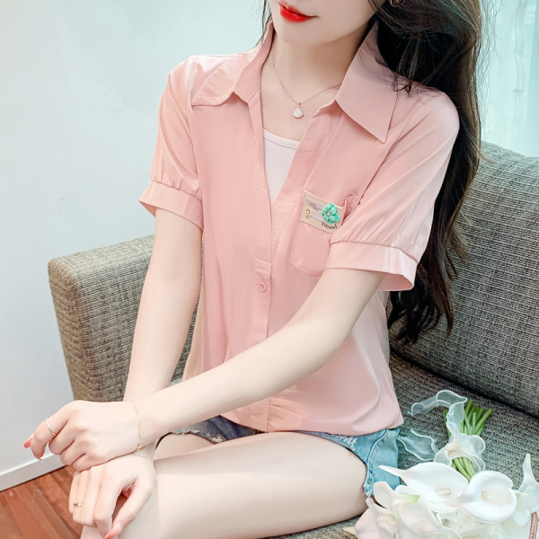 RM11611#夏季新款韩版宽松假两件拼接短袖雪纺衬衫女设计感小众上衣