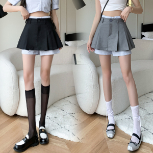 RM21296#双腰头拼接设计A字摆裙裤假两件半身裙学姐短裙
