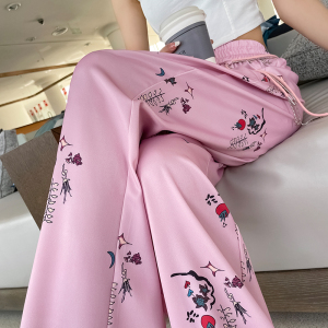 RM9442#印花冰丝阔腿裤女夏宽松拖地高腰垂感休闲防晒凉感窄版直筒裤