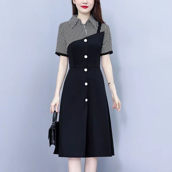 RM9651#法式假两件条纹连衣裙夏季大码中长款时尚收腰洋气减龄显瘦裙子