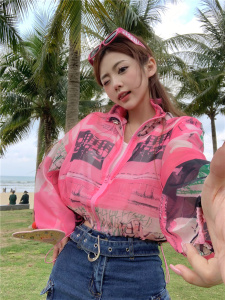 RM8848#夏季海边度假防晒小个子短款印花防紫外线防晒衫