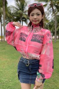 RM8848#夏季海边度假防晒小个子短款印花防紫外线防晒衫