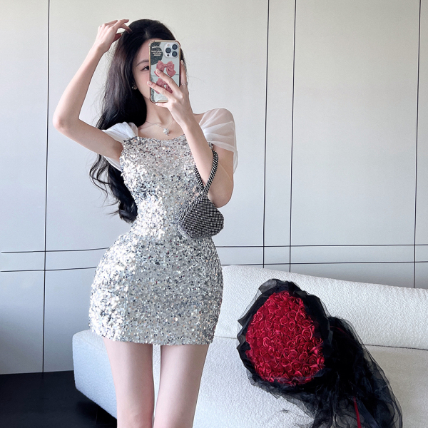 RM11056#女装小性感露肩重工珠片修身包臀聚会礼服连衣裙