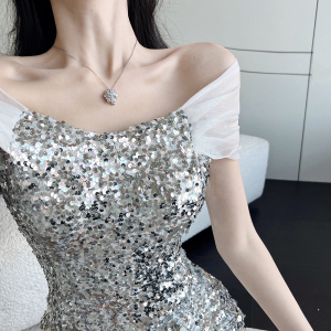 RM11056#女装小性感露肩重工珠片修身包臀聚会礼服连衣裙