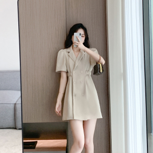 RM10905#夏季新款设计感收腰短款连衣裙气质西装裙子短袖A字裙